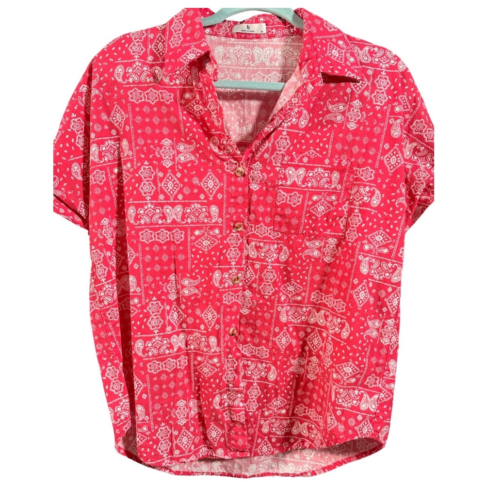 Womens Medium Red White Bandana Paisley 100% Cotton Button Up Top